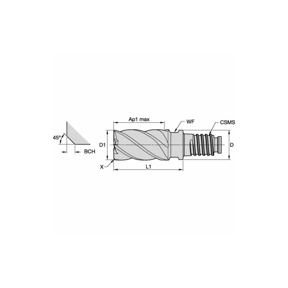 1/2" Mill Dia, 3/4" LOC, 43.6mm OAL, 5 Flute Square End Mill Head