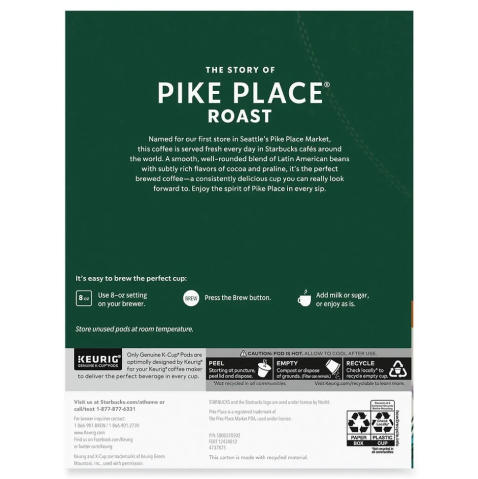 Beverages: Beverage Type: Coffee; Beverage Flavor: Pike Place® Roast; Container Type: Pod; Container Size: 0.44 oz