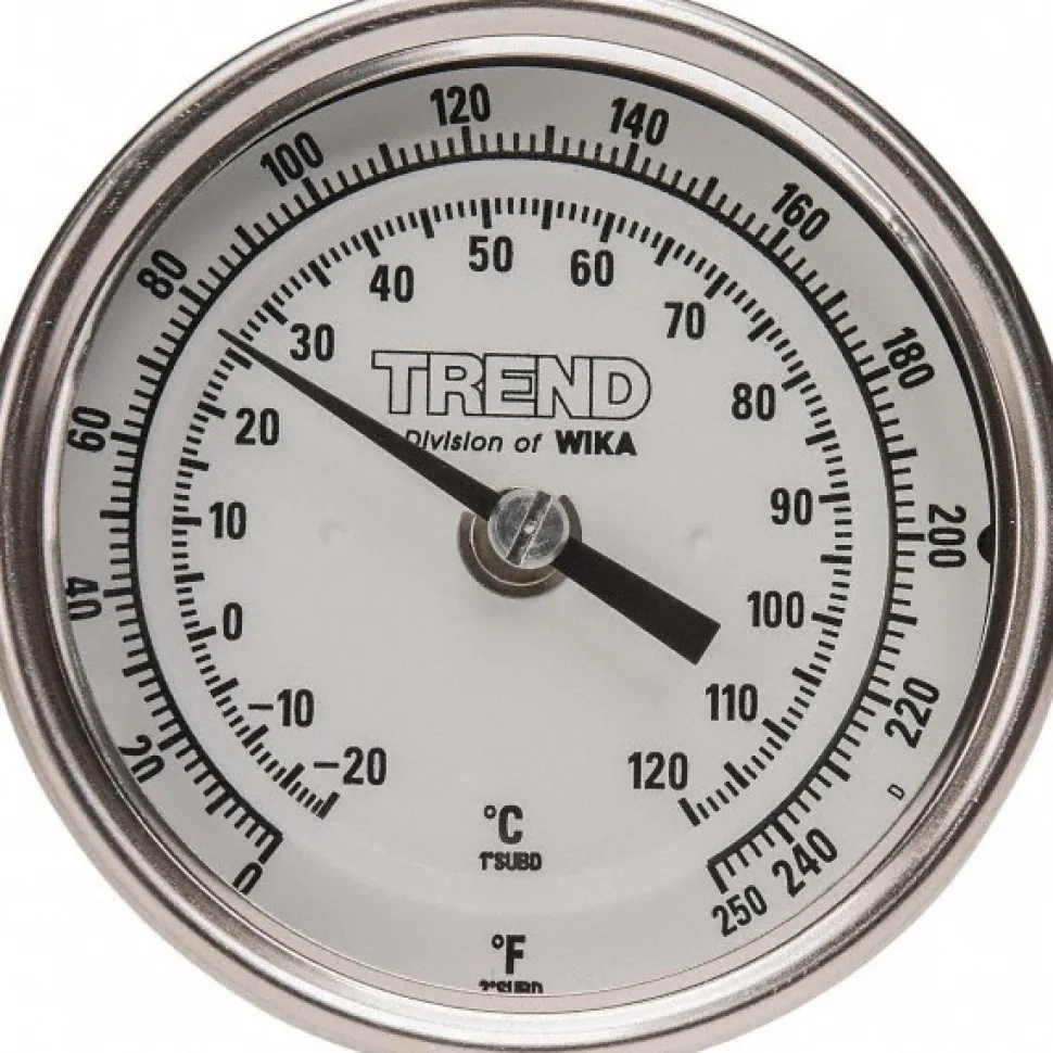 Bimetal Dial Thermometer: 0 to 250 ° F, 6" Stem Length
