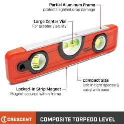 Box Beam, I-Beam & Torpedo Levels: Level Type: Torpedo; Vial Style: Barrel; Length (Inch): 9; Magnetic: Yes