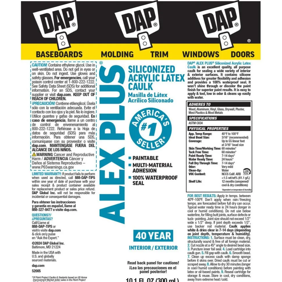 Caulk: 10.1 oz Cartridge, Clear, Acrylic & Latex