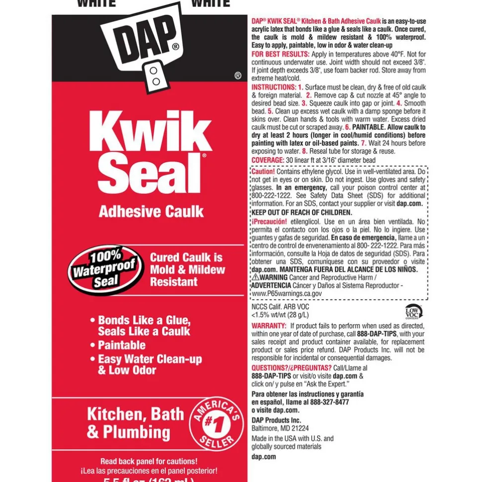 Caulk: 5-1/2 oz Tube, White, Acrylic & Latex