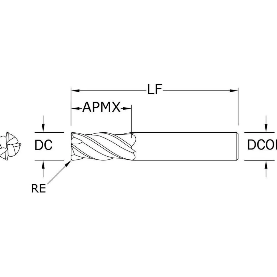 Corner Radius End Mill: 1/8" Dia, 3/8" LOC, 0.0100" Corner Radius, 4 Flute, Solid Carbide