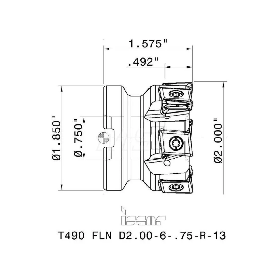 2" Cut Dia, 3/4" Arbor Hole Dia, 0.492" Max Depth, Indexable Square-Shoulder Face Mill