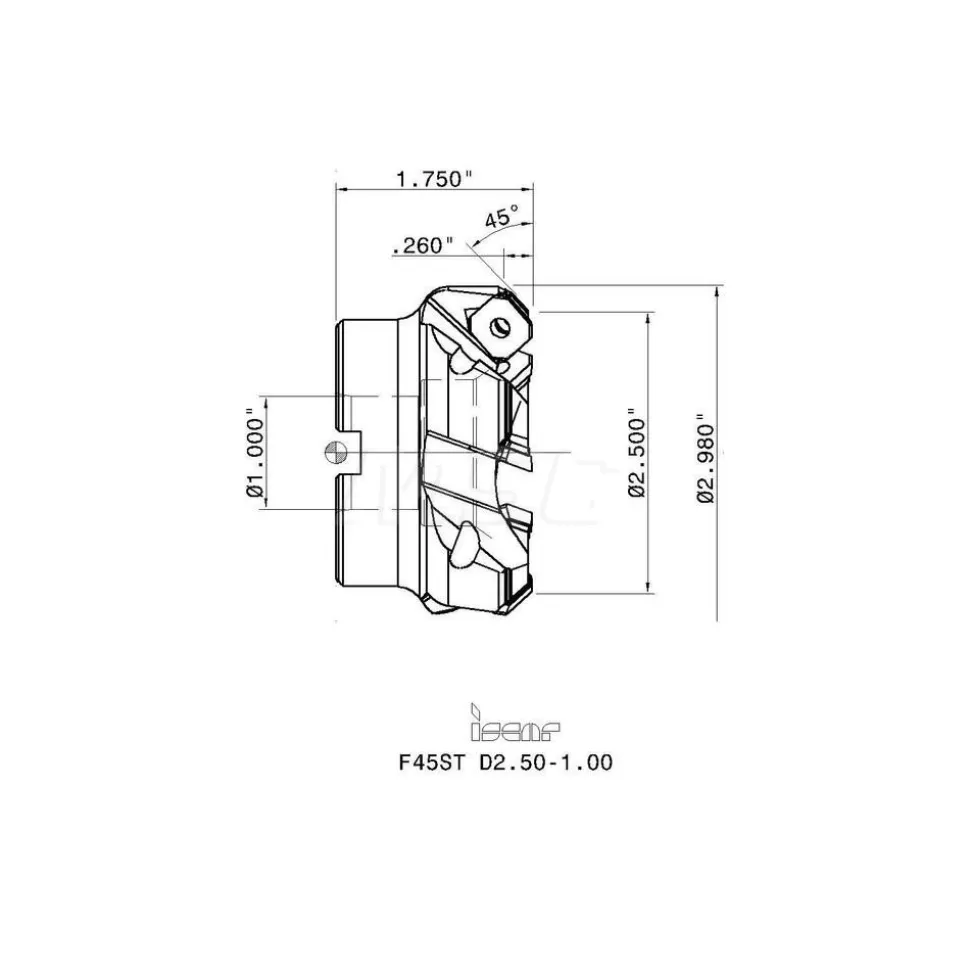 2-1/2" Cut Dia, 1" Arbor Hole, 0.26" Max Depth of Cut, 45° Indexable Chamfer & Angle Face Mill