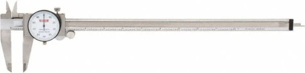 Dial Caliper: 12", 0.001000" Graduation, 0.1000" per Revolution, 0.0015" Accuracy, Calibrated, Stainless Steel Jaws