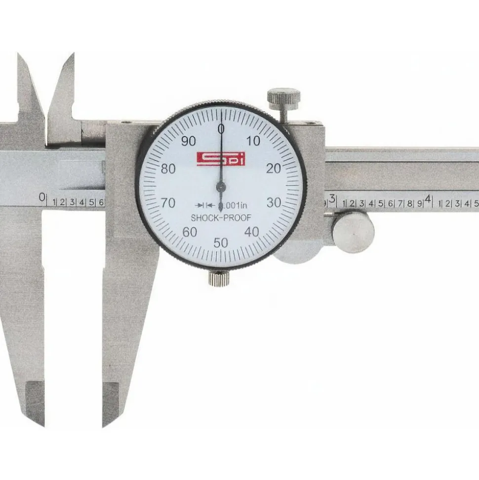 Dial Caliper: 12", 0.001000" Graduation, 0.1000" per Revolution, 0.0015" Accuracy, Calibrated, Stainless Steel Jaws