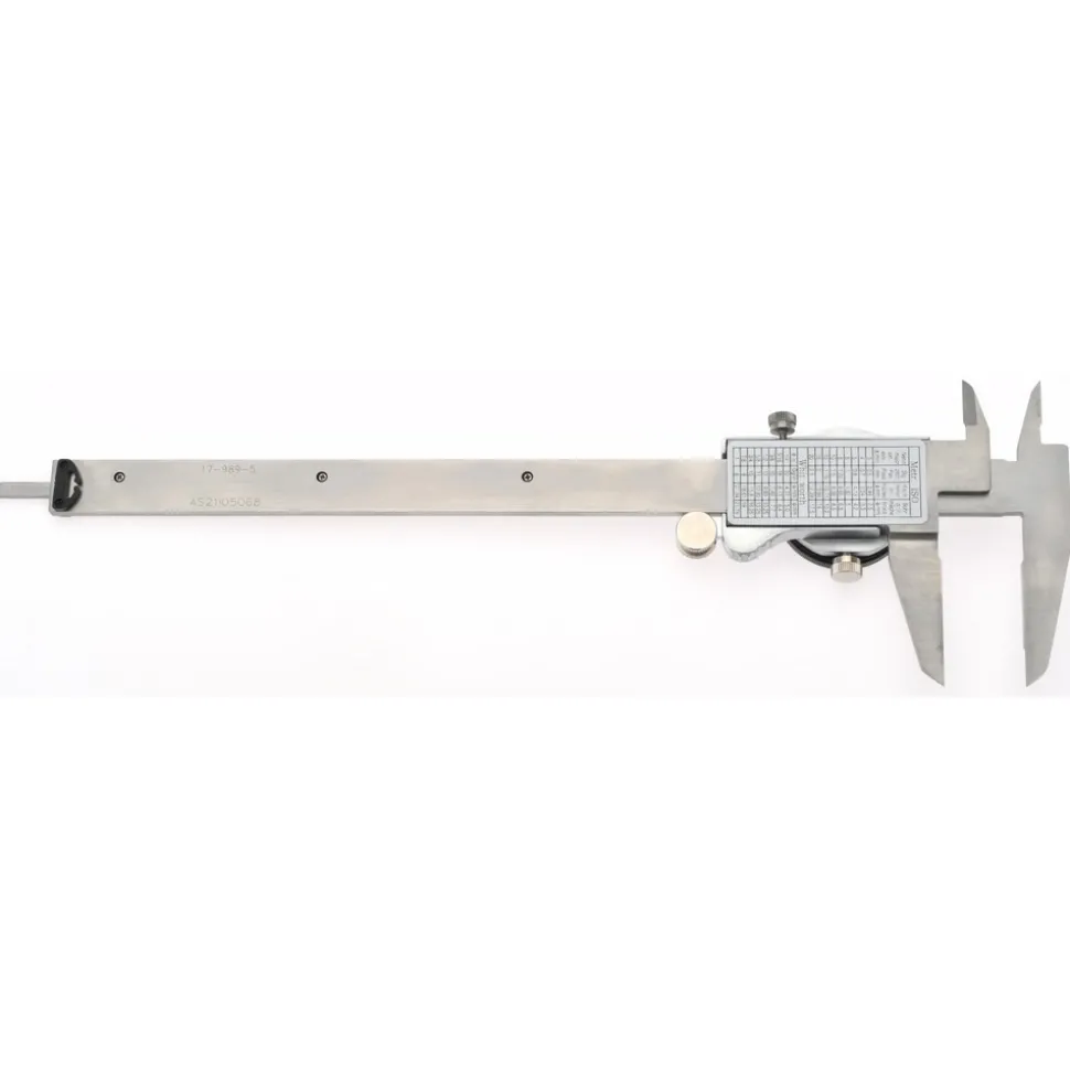 Dial Caliper: 8", 0.001000" Graduation, 0.1000" per Revolution, 0.0015" Accuracy, Calibrated, Stainless Steel Jaws