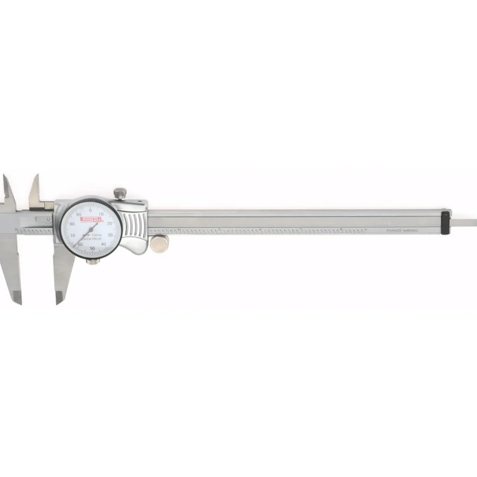 Dial Caliper: 8", 0.001000" Graduation, 0.1000" per Revolution, 0.0015" Accuracy, Calibrated, Stainless Steel Jaws