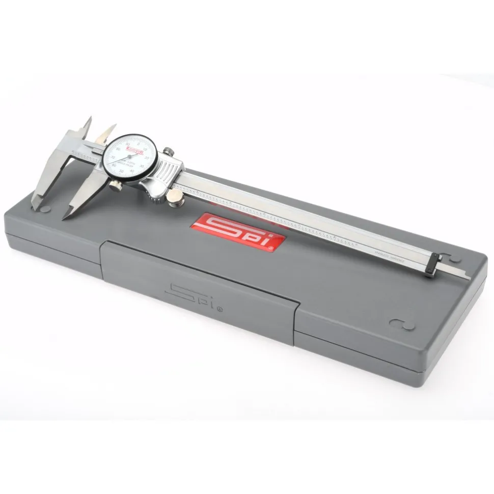 Dial Caliper: 8", 0.001000" Graduation, 0.1000" per Revolution, 0.0015" Accuracy, Calibrated, Stainless Steel Jaws