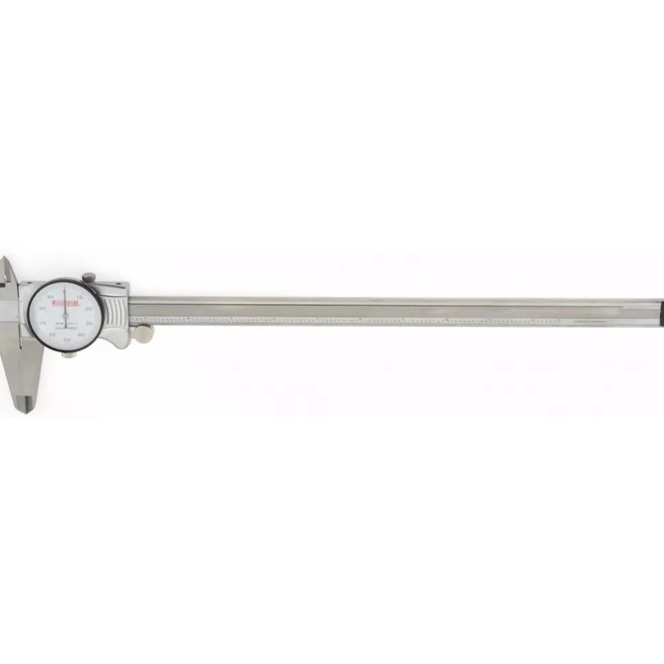 Dial Caliper: 12", 0.001000" Graduation, 0.1000" per Revolution, 0.0015" Accuracy, Calibrated, Stainless Steel Jaws