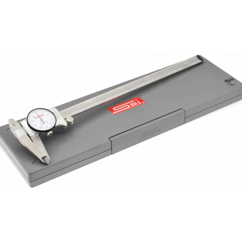 Dial Caliper: 12", 0.001000" Graduation, 0.1000" per Revolution, 0.0015" Accuracy, Calibrated, Stainless Steel Jaws
