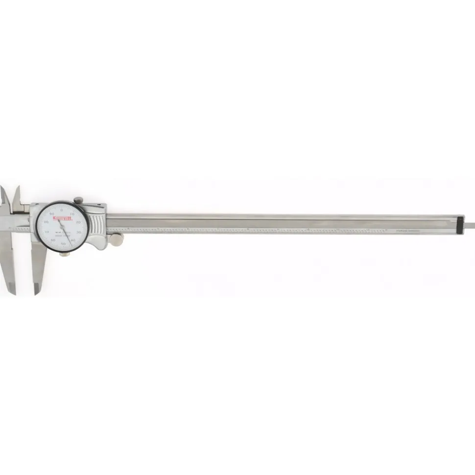 Dial Caliper: 12", 0.001000" Graduation, 0.1000" per Revolution, 0.0015" Accuracy, Calibrated, Stainless Steel Jaws