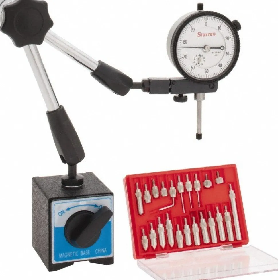 Dial Indicator & Base Kit: 2-1/4" Base Length, 2-1/8" Base Height, 2" Base Width, 1.0000" Max Measurement, 0-100 Dial