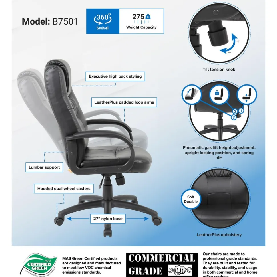 Executive High Back Chair Task Chair: PU Leather, 23-1/2" Seat Height, Black, Adjustable Height