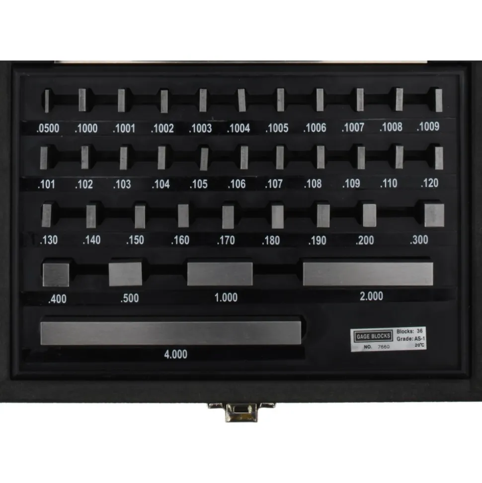 Gage Block Set: 0.05 to 4'' Range, 36 Pc, AS-1 Grade, Steel