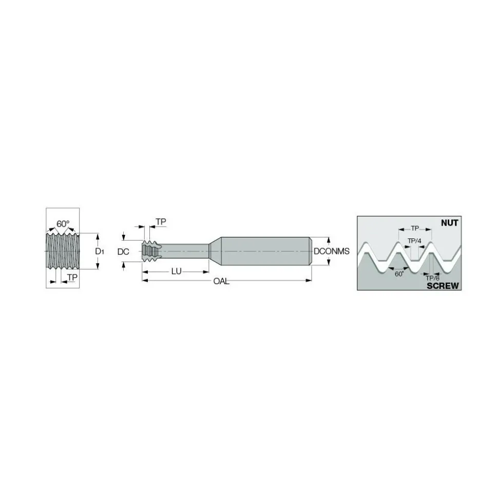 Helical Flute Thread Mill: #10#8, Internal, 3 Flute, 0.2500" Shank Dia, Solid Carbide