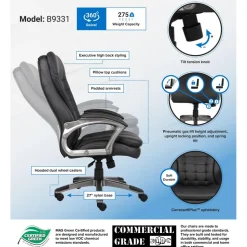 High Back Executive Chair Task Chair: Vinyl, 22-1/2" Seat Height, Black, Adjustable Height