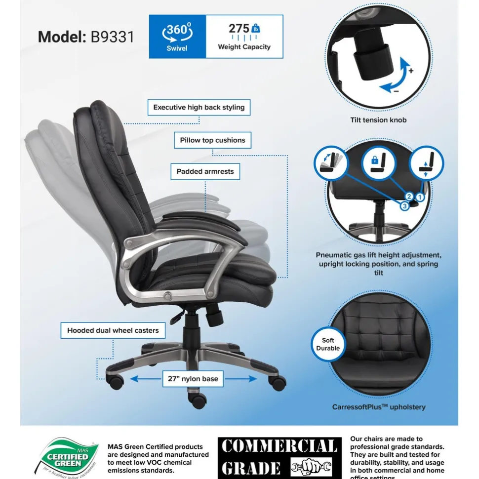 High Back Executive Chair Task Chair: Vinyl, 22-1/2" Seat Height, Black, Adjustable Height