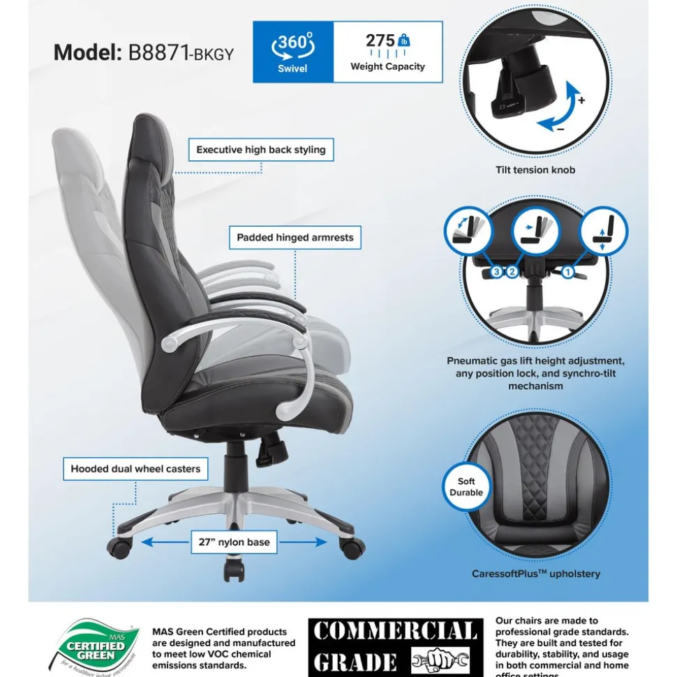 Hinged Arm Executive Chair with Synchro-Tilt Task Chair: Vinyl, 22-1/2" Seat Height, Black & Gray, Adjustable Height