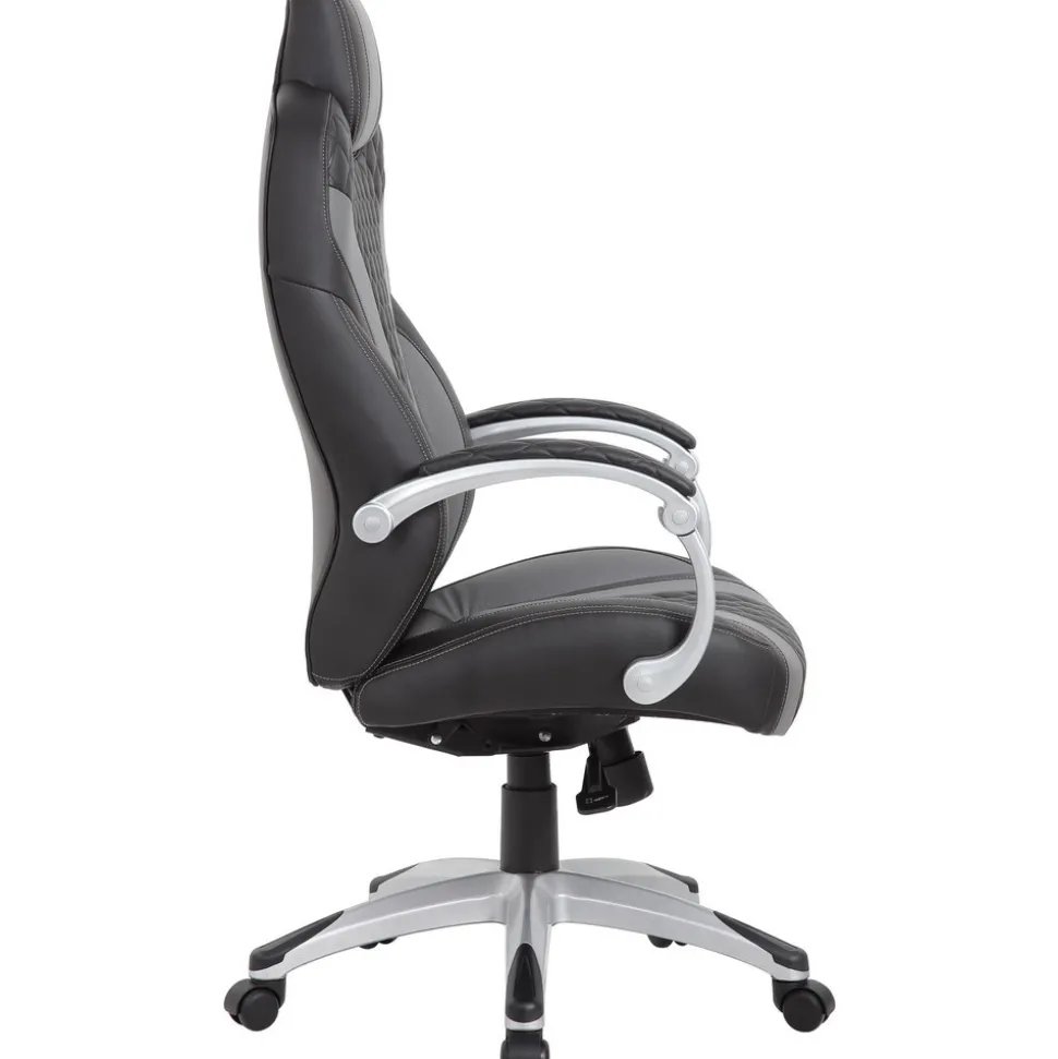 Hinged Arm Executive Chair with Synchro-Tilt Task Chair: Vinyl, 22-1/2" Seat Height, Black & Gray, Adjustable Height