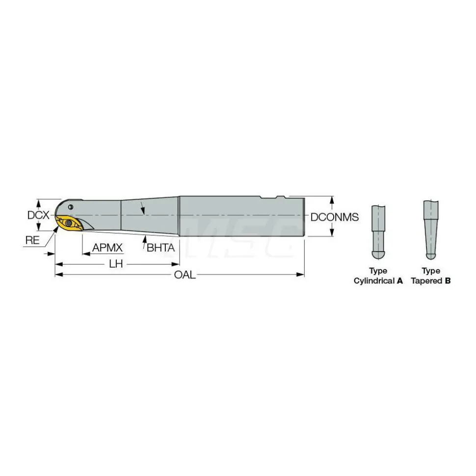 Indexable Ball Nose End Mill: 1" Cut Dia, 6.7" OAL