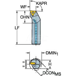 Indexable Boring Bar: A04F-STFCR1.2, 8.70 mm Min Bore, Right Hand, 6.35 mm Shank Dia, 0.000 deg Lead Angle, Steel