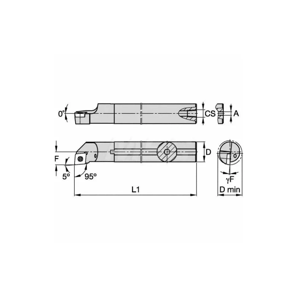 Indexable Boring Bar: A06MSCLCL2, 12.19 mm Min Bore, Left Hand, 9.53 mm Shank Dia, -5.000 deg Lead Angle, Steel