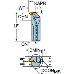 Indexable Boring Bar: A08M-SDUCR2, 18.50 mm Min Bore, Right Hand, 12.70 mm Shank Dia, 0.000 deg Lead Angle, Steel