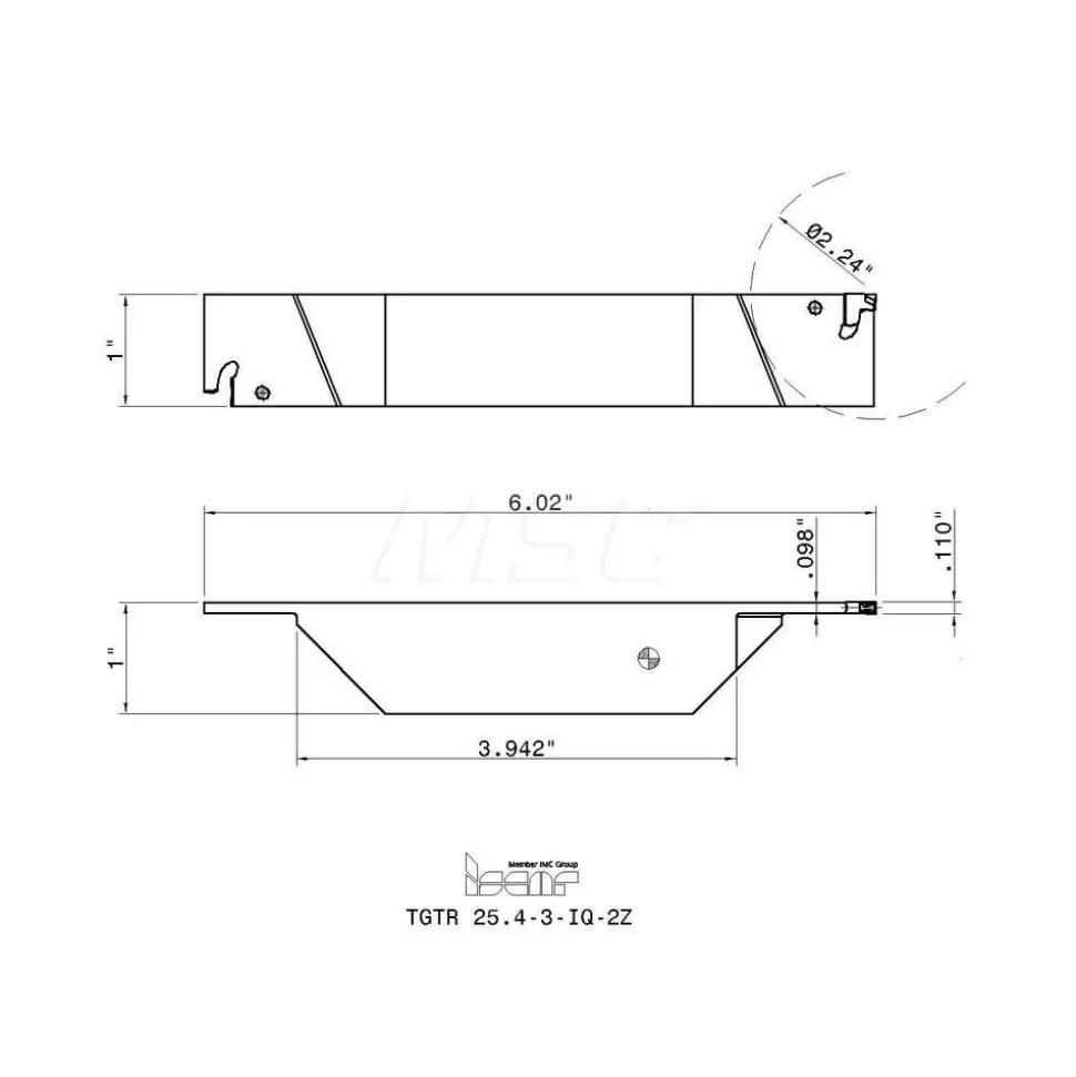 Indexable Grooving-Cutoff Toolholder: TGTR25.4-3-IQ-2Z, 0.11 to 0.138" Groove Width, Right Hand