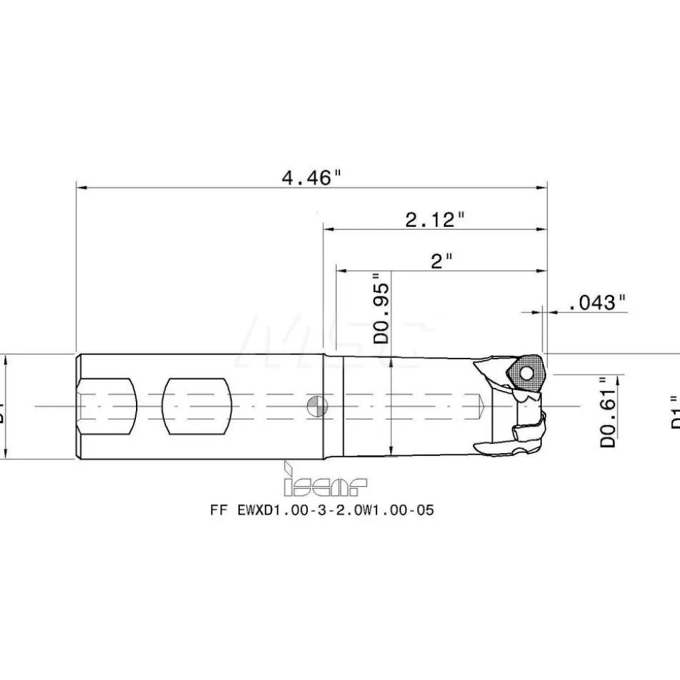 Indexable High-Feed End Mill: FF EWXD1.00-3-2, 1" Cut Dia, 1" Shank Dia, Weldon Flat Shank