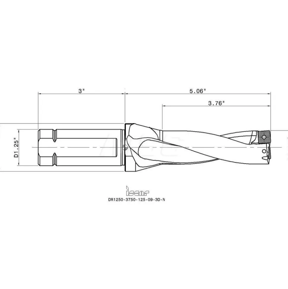 Indexable Insert Drill: DR1250-3750-125-09-3D-, 1-1/4" Max Dia, 3-3/4" Max Depth, 3xD, 1-1/4" Shank Dia