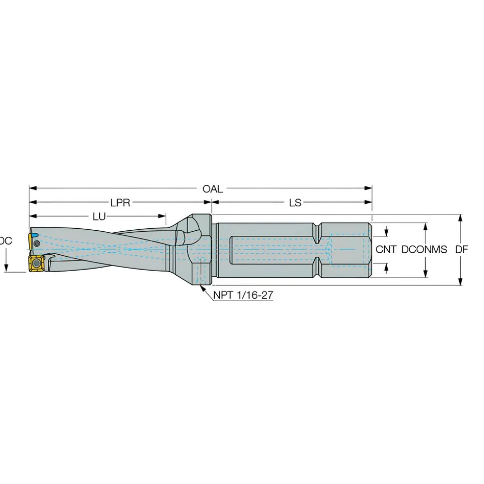 Indexable Insert Drill: DR1125-3375-125-09-3DN, 1-1/8" Max Dia, 3xD, 1-1/4" Shank Dia