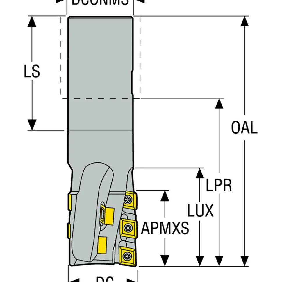 Indexable Square-Shoulder End Mill: R215.59-01.50-3-08.4, 1-1/2" Cut Dia, 2-1/4" Max Depth of Cut, 1-1/2" Dia Weldon Flat Shank