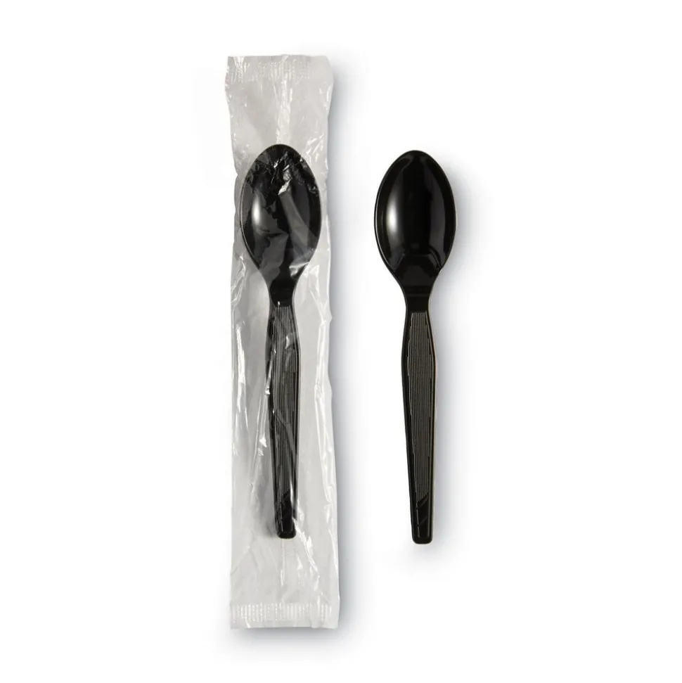 Individually Wrapped Teaspoons, Plastic, Black 1000/Carton