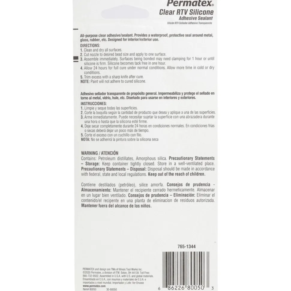 Joint Sealant: 3 oz Tube, Clear, RTV Silicone