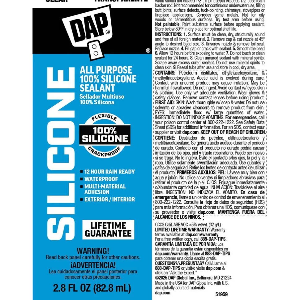 Joint Sealant: 2.8 oz Tube, Clear, RTV Silicone