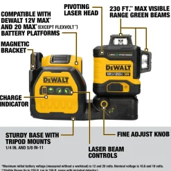 Laser Levels: Level Type: 3-Point, Self-Leveling Cross Line Laser; Laser Class: Class II; Laser Projection Orientation: Vertical, Horizontal; Plumb Type: Down