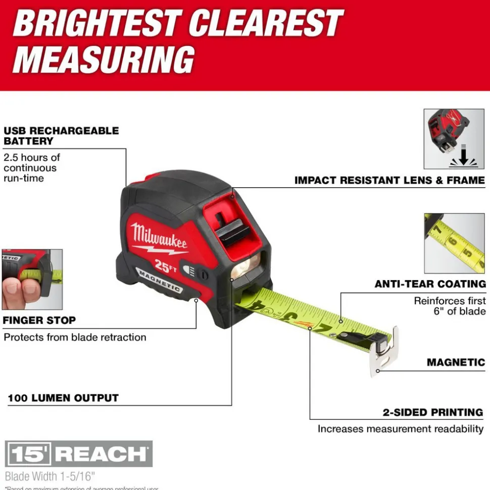 25' Magnetic Tape Measure with Rechargeable 100L Light