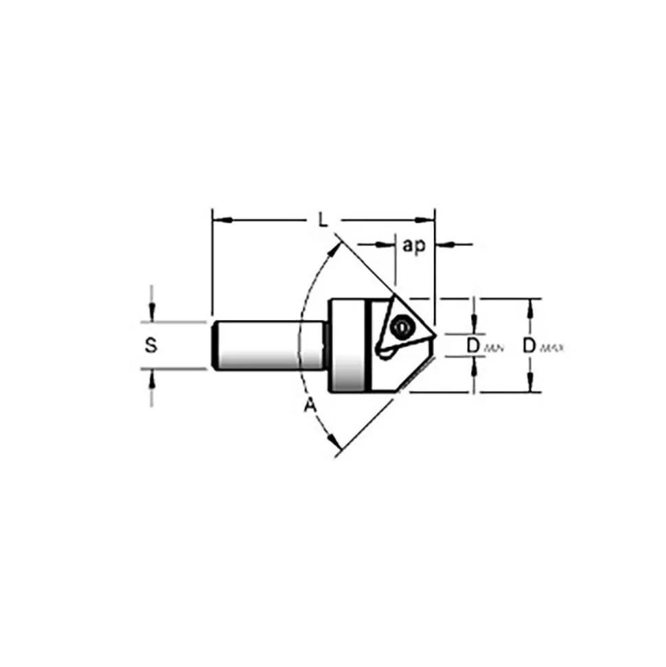0.94" Max Dia, 1/2" Shank Dia, 0.28" LOC, 100° Included Angle, Indexable Countersink