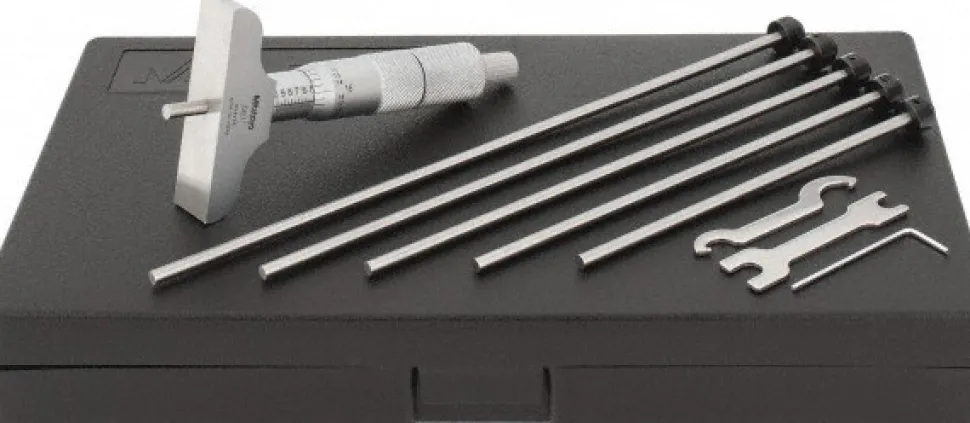 Mechanical Depth Micrometer: 6'' Range, 6 Rods, Satin Chrome Finish