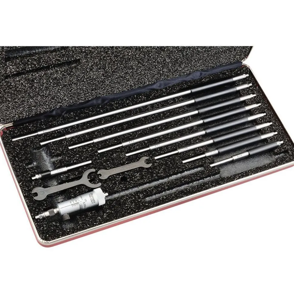Mechanical Inside Micrometer Set: 2 to 12" Range, 10 Extension Rods, Satin Chrome Finish