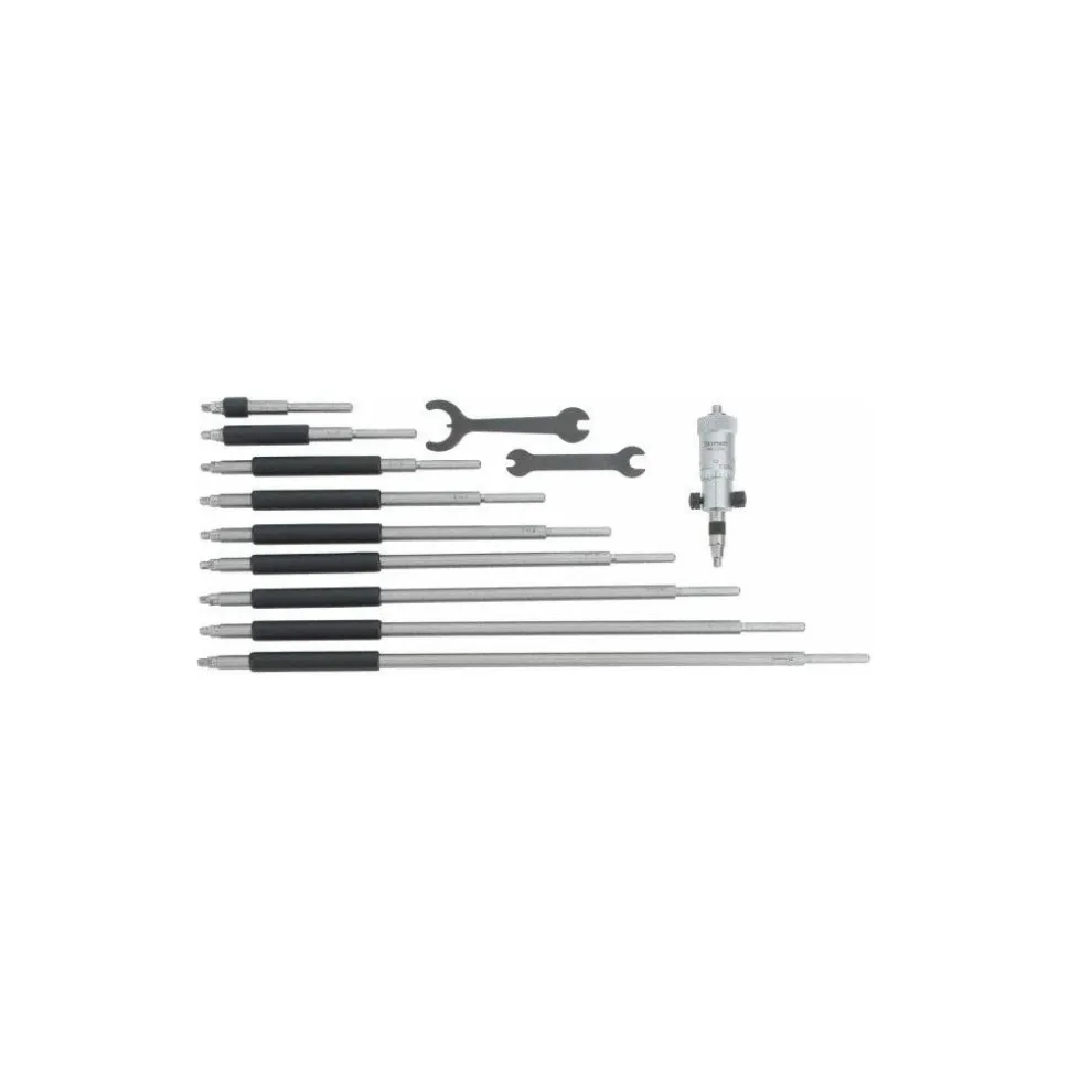 Mechanical Inside Micrometer Set: 2 to 12" Range, 10 Extension Rods, Satin Chrome Finish