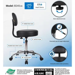 Medical Spa Professional Adjustable Stool with Back: 20-1/2 to 26-1/2