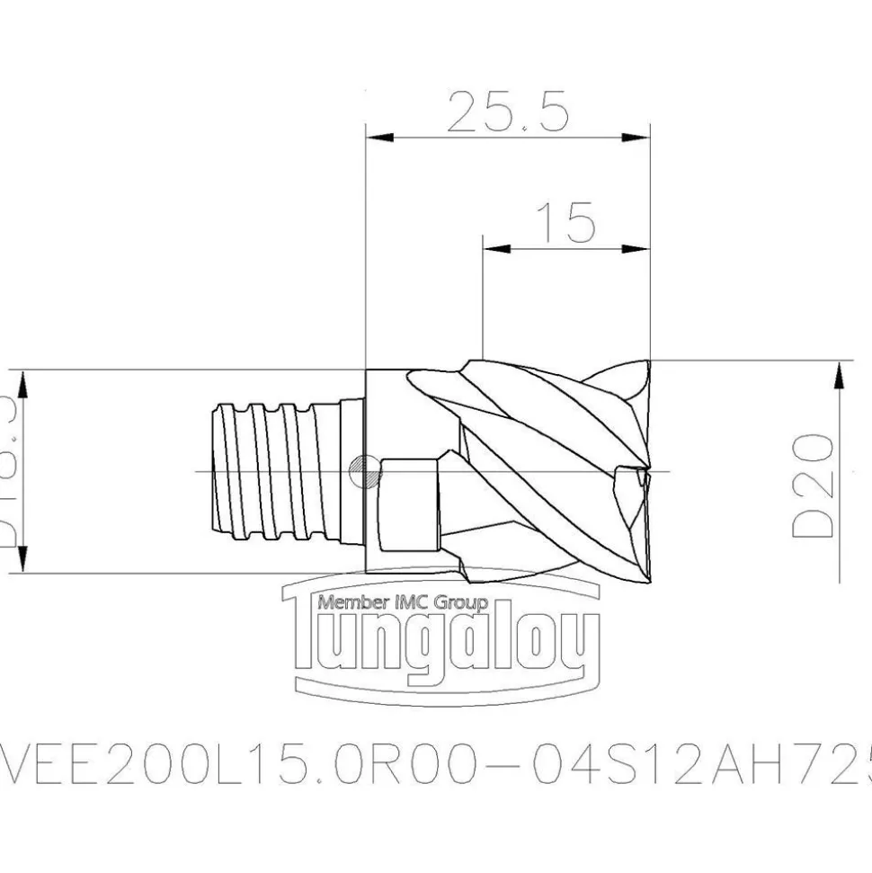 20mm Mill Dia, 15mm LOC, 25.5mm OAL, 4 Flute Square End Mill Head