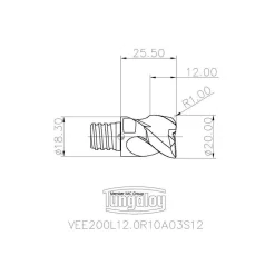 20mm Mill Dia, 12mm LOC, 25.5mm OAL, 3 Flute Square End Mill Head