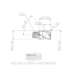 16mm Mill Dia, 12mm LOC, 20.5mm OAL, 4 Flute Square End Mill Head