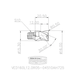 16mm Mill Dia, 12mm LOC, 20.5mm OAL, 4 Flute Square End Mill Head