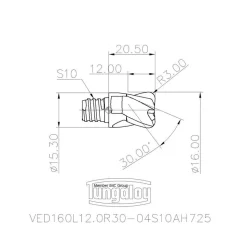 16mm Mill Dia, 12mm LOC, 20.5mm OAL, 4 Flute Square End Mill Head