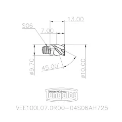 10mm Mill Dia, 7mm LOC, 13mm OAL, 4 Flute Square End Mill Head